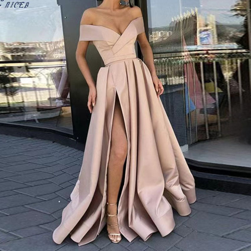Women's Off-Shoulder Satin Thigh Slit Solid Color Long Dress - ANIBEY