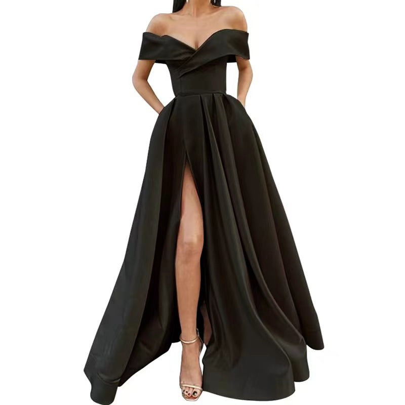 Women's Off-Shoulder Satin Thigh Slit Solid Color Long Dress - ANIBEY