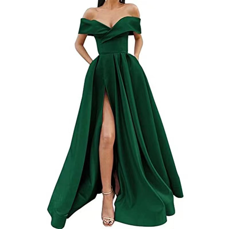 Women's Off-Shoulder Satin Thigh Slit Solid Color Long Dress - ANIBEY