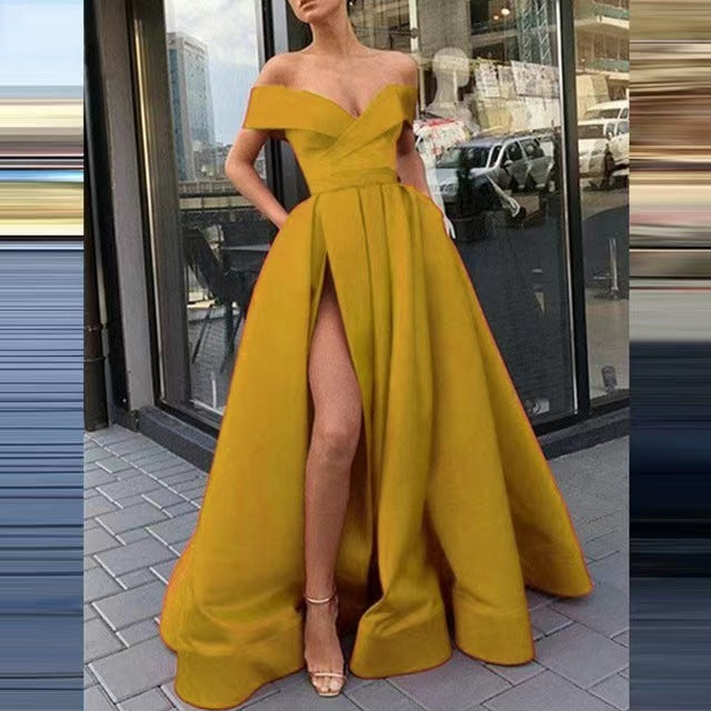 Women's Off-Shoulder Satin Thigh Slit Solid Color Long Dress - ANIBEY