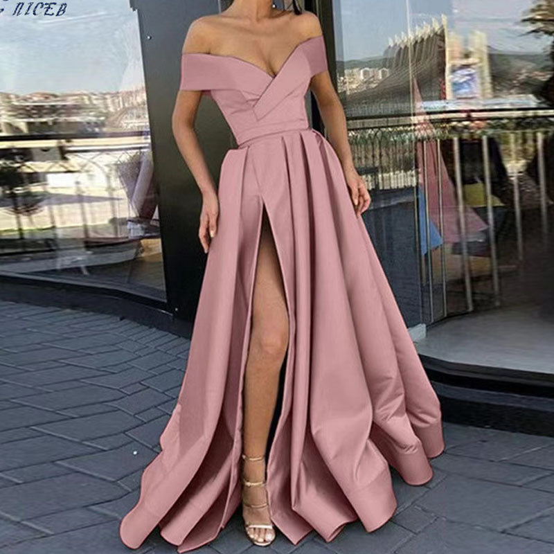 Women's Off-Shoulder Satin Thigh Slit Solid Color Long Dress - ANIBEY