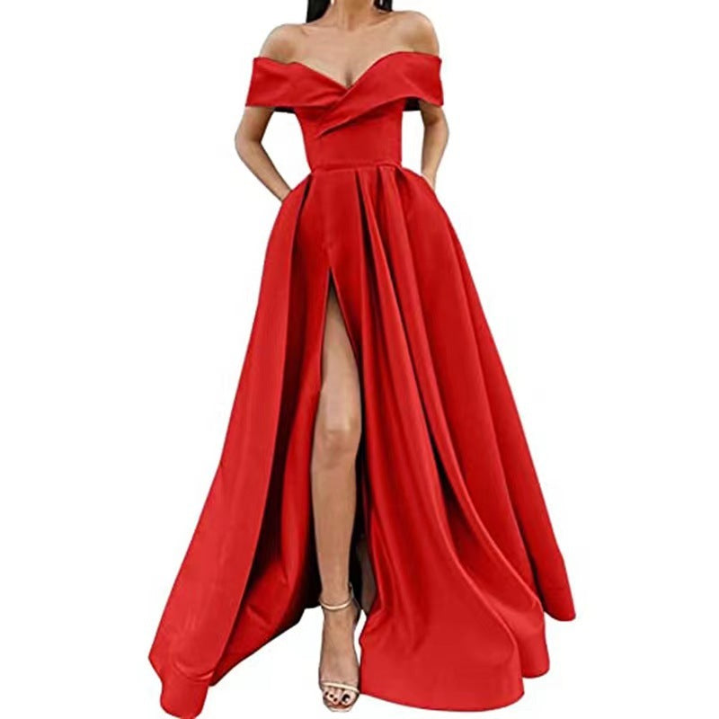 Women's Off-Shoulder Satin Thigh Slit Solid Color Long Dress - ANIBEY