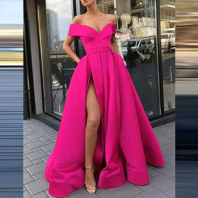 Women's Off-Shoulder Satin Thigh Slit Solid Color Long Dress - ANIBEY