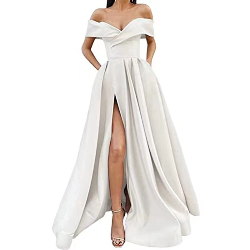 Women's Off-Shoulder Satin Thigh Slit Solid Color Long Dress - ANIBEY
