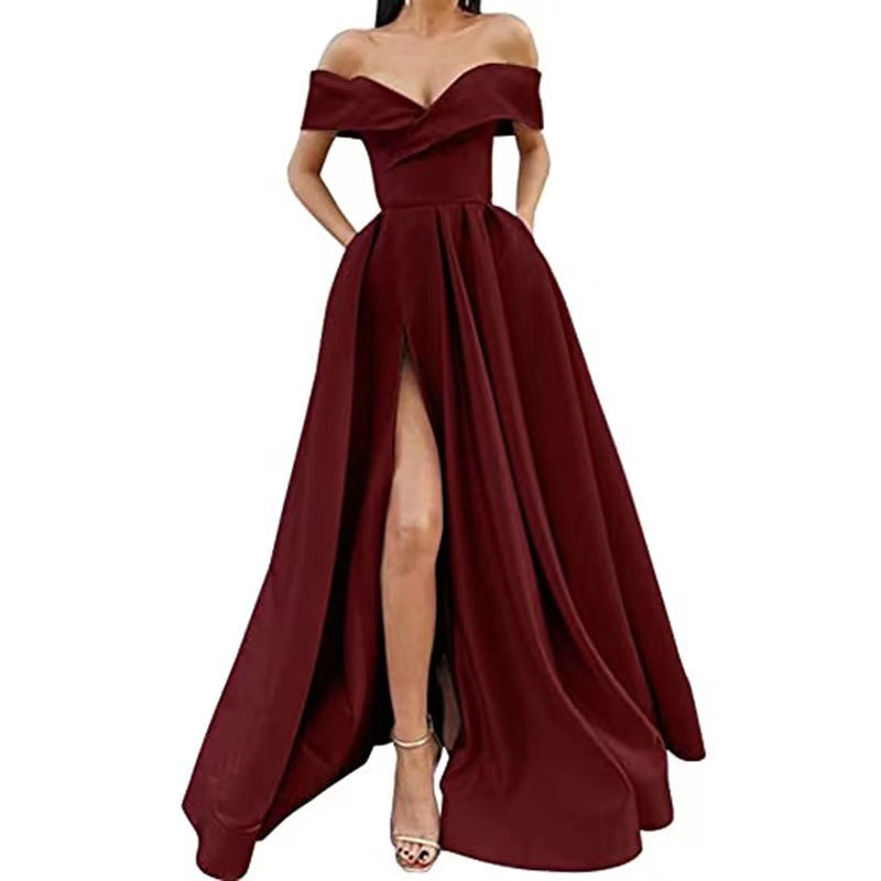 Women's Off-Shoulder Satin Thigh Slit Solid Color Long Dress - ANIBEY
