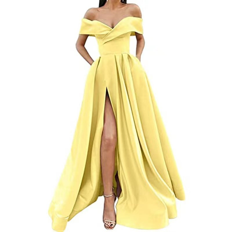 Women's Off-Shoulder Satin Thigh Slit Solid Color Long Dress - ANIBEY