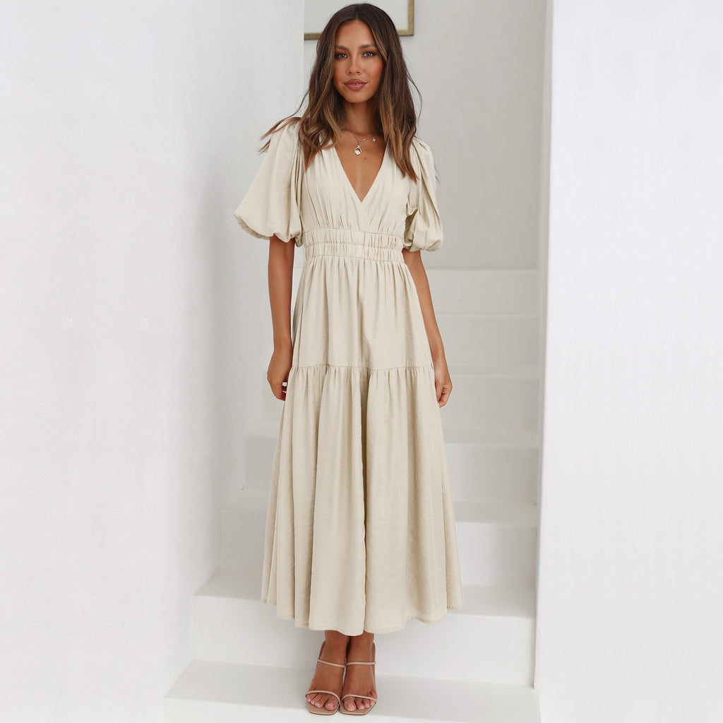 Women's V-neck Balloon Sleeve Midi Dress - ANIBEY
