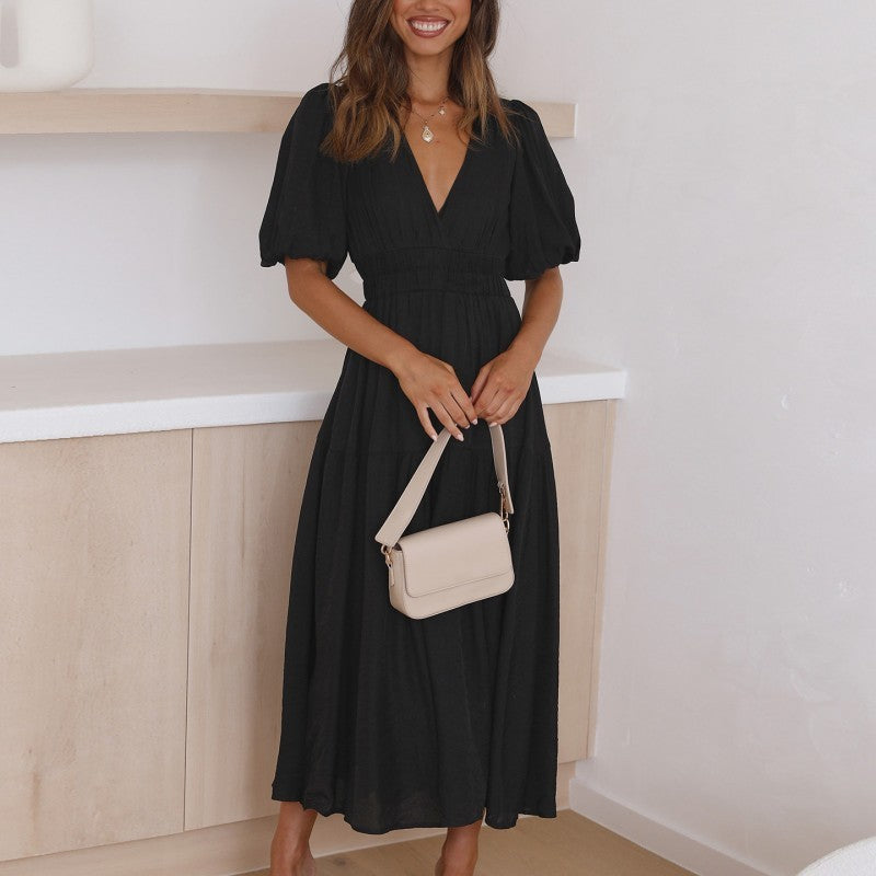 Women's V-neck Balloon Sleeve Midi Dress - ANIBEY