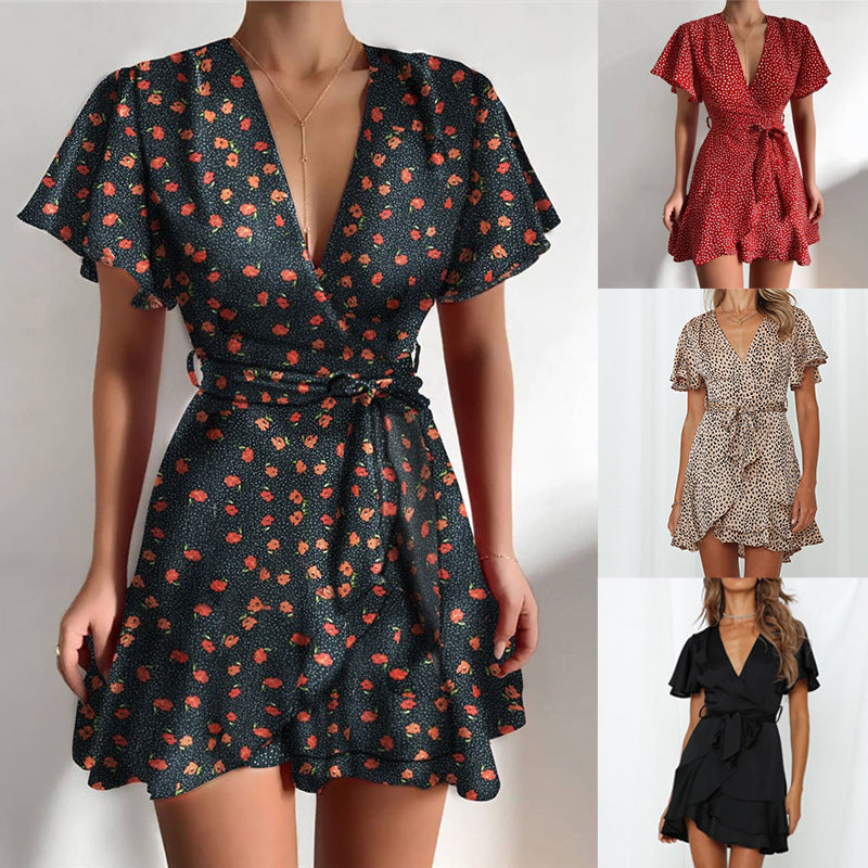 V-neck Ruffled Belt Wrap Dress - ANIBEY