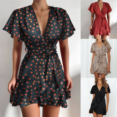 V-neck Ruffled Belt Wrap Dress - ANIBEY