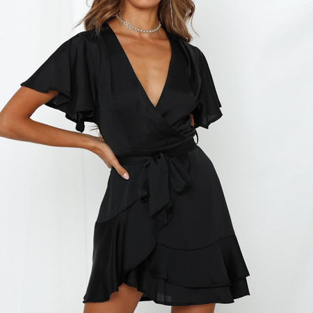 V-neck Ruffled Belt Wrap Dress - ANIBEY