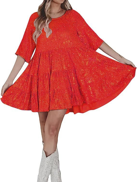 Women's Fashionable Sequins Round Neck Loose Waist Short Sleeve Dress - ANIBEY