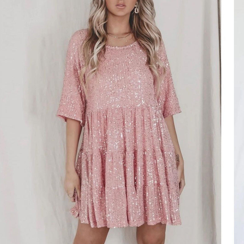 Women's Fashionable Sequins Round Neck Loose Waist Short Sleeve Dress - ANIBEY