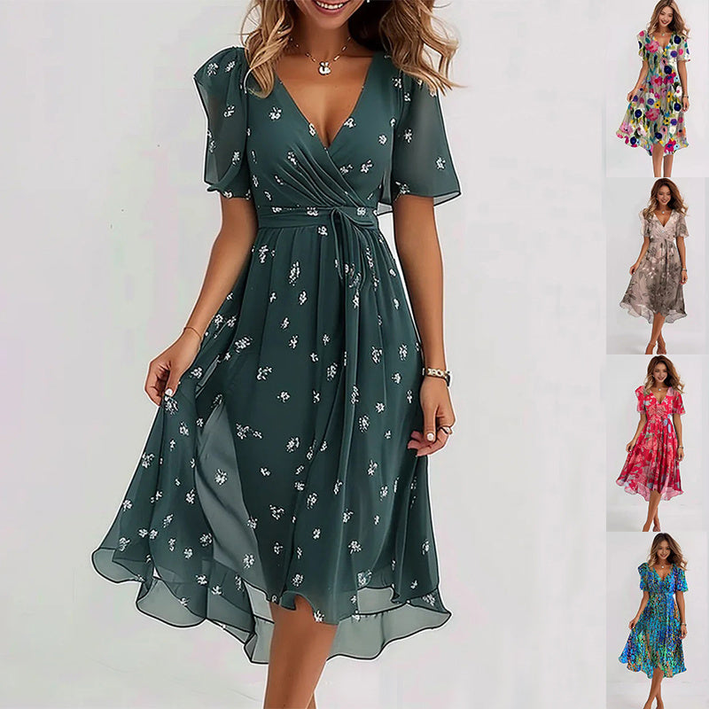 Chiffon Printed Short Sleeve Summer Elegant V-neck women's Dress - ANIBEY