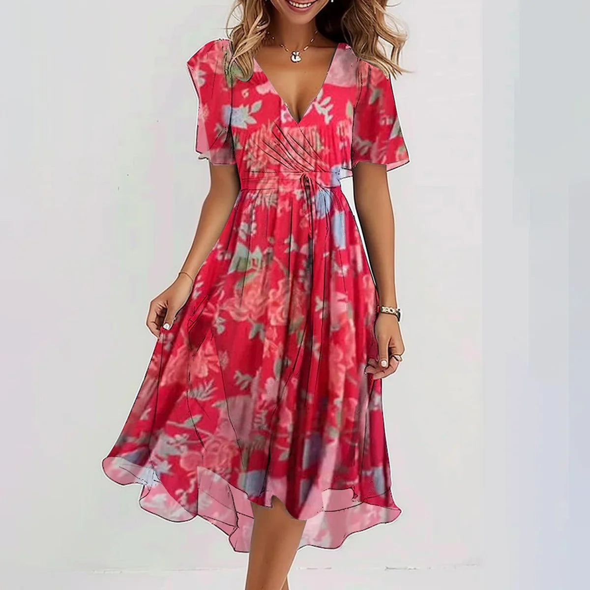 Chiffon Printed Short Sleeve Summer Elegant V-neck women's Dress - ANIBEY