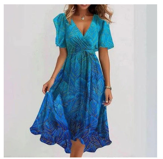 Chiffon Printed Short Sleeve Summer Elegant V-neck women's Dress - ANIBEY
