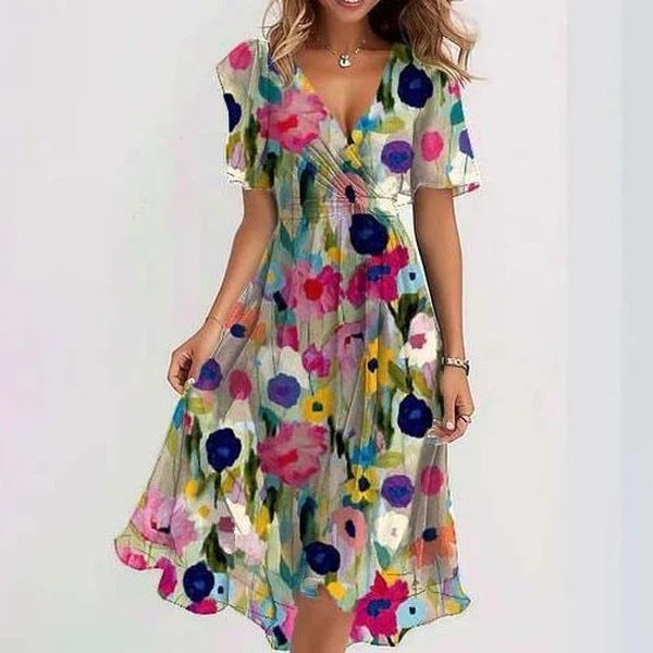 Chiffon Printed Short Sleeve Summer Elegant V-neck women's Dress - ANIBEY