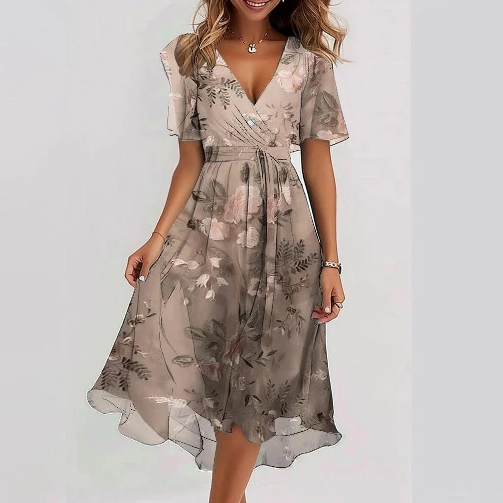 Chiffon Printed Short Sleeve Summer Elegant V-neck women's Dress - ANIBEY