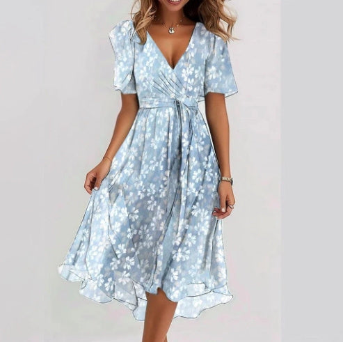 Chiffon Printed Short Sleeve Summer Elegant V-neck women's Dress - ANIBEY
