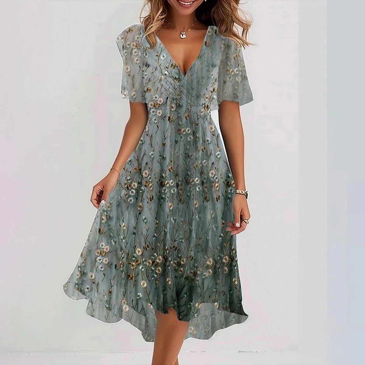 Chiffon Printed Short Sleeve Summer Elegant V-neck women's Dress - ANIBEY