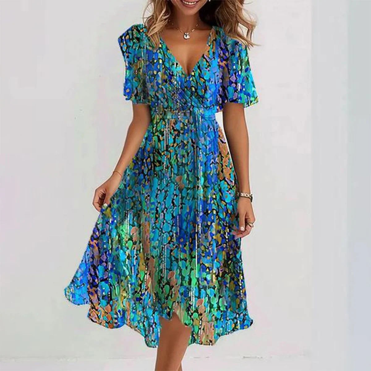 Chiffon Printed Short Sleeve Summer Elegant V-neck women's Dress - ANIBEY