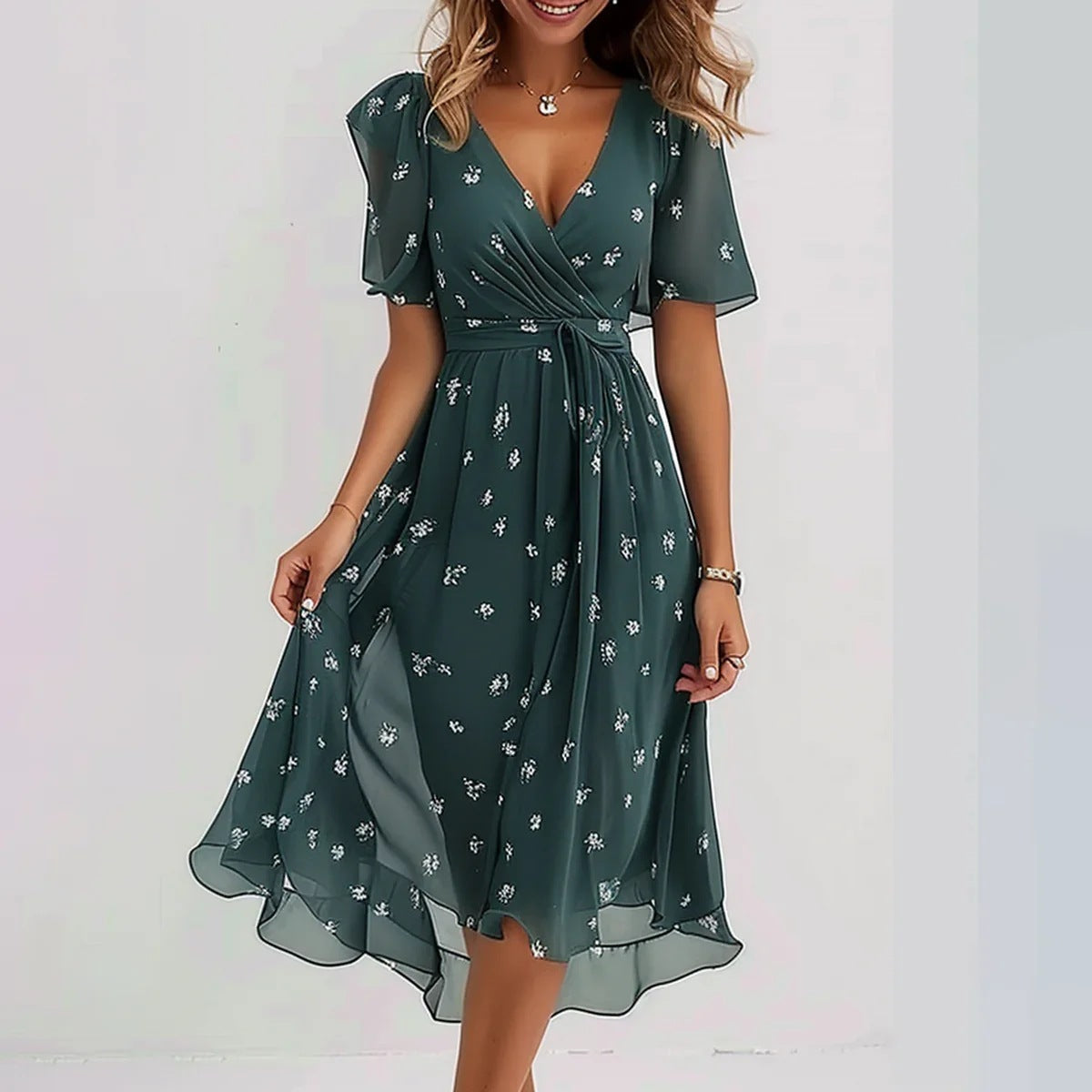 Chiffon Printed Short Sleeve Summer Elegant V-neck women's Dress - ANIBEY