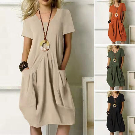 Cotton And Linen Solid Color Loose Round Neck Short Sleeve Dress - ANIBEY