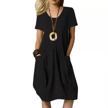 Cotton And Linen Solid Color Loose Round Neck Short Sleeve Dress - ANIBEY