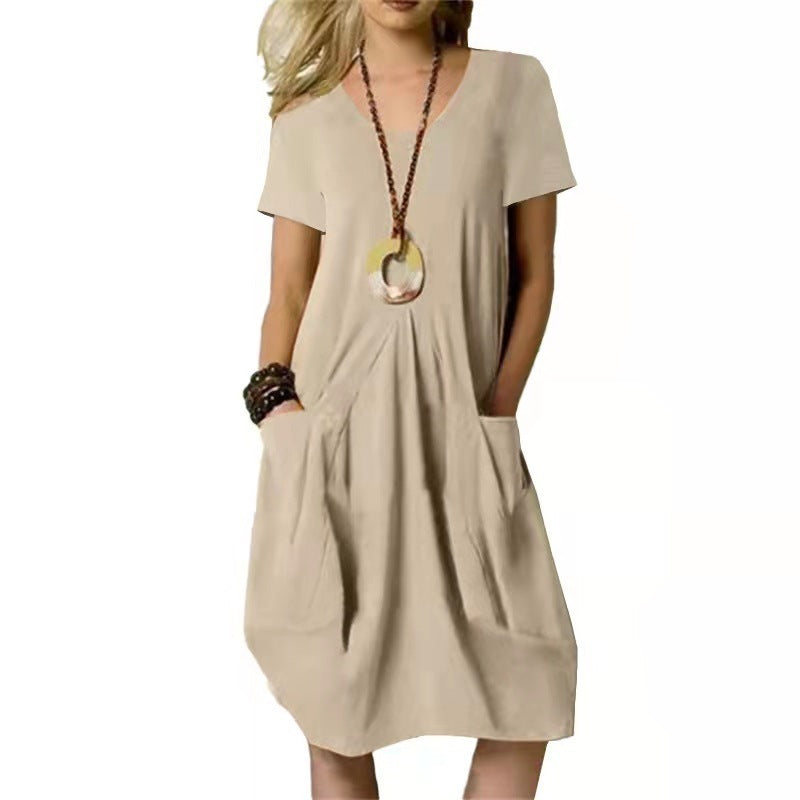 Cotton And Linen Solid Color Loose Round Neck Short Sleeve Dress - ANIBEY