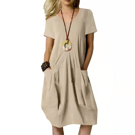 Cotton And Linen Solid Color Loose Round Neck Short Sleeve Dress - ANIBEY