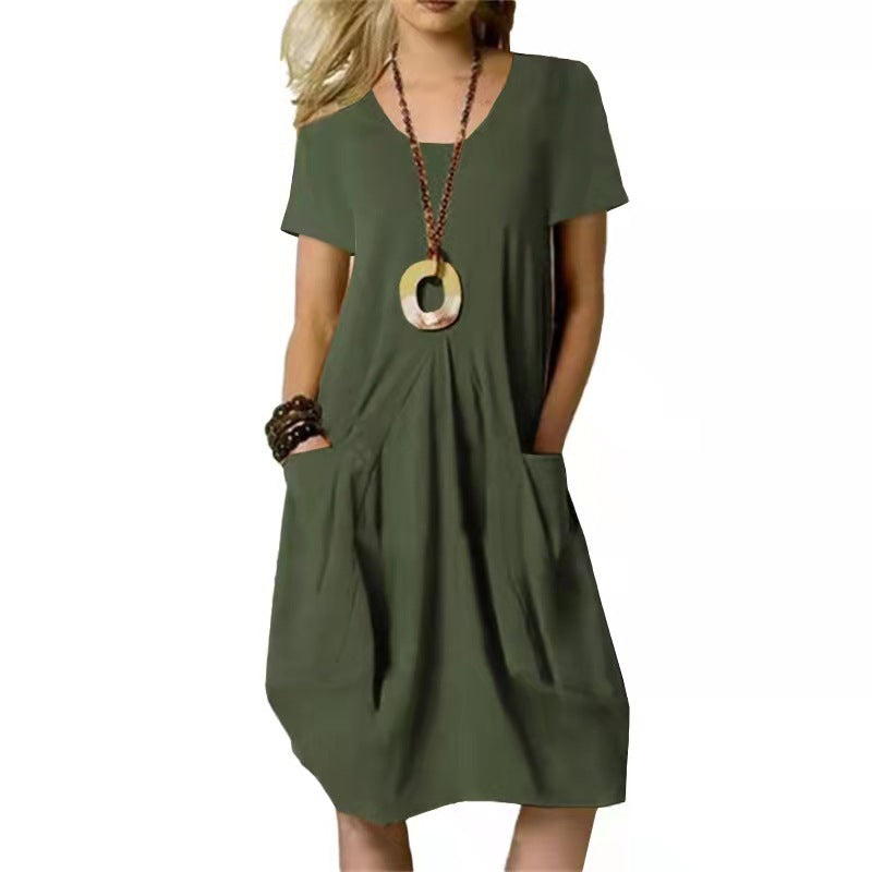 Cotton And Linen Solid Color Loose Round Neck Short Sleeve Dress - ANIBEY