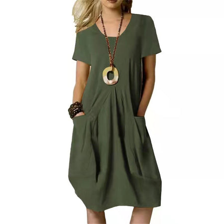 Cotton And Linen Solid Color Loose Round Neck Short Sleeve Dress - ANIBEY