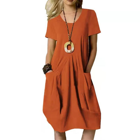 Cotton And Linen Solid Color Loose Round Neck Short Sleeve Dress - ANIBEY