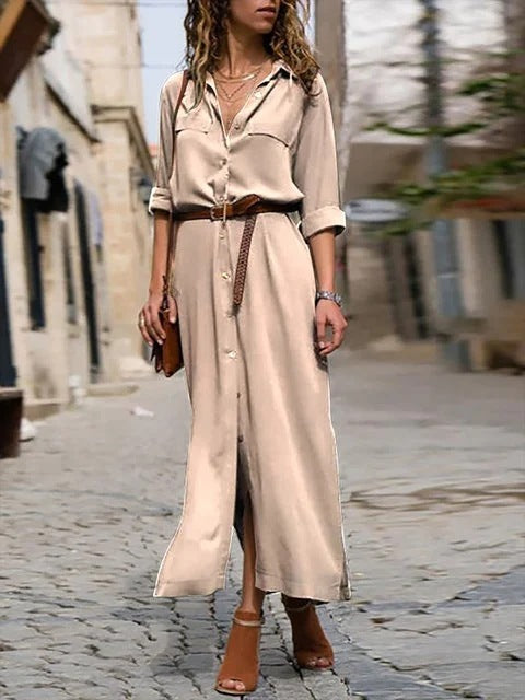 Women's Long Sleeve Skirt Button V-neck Long Dress With Belt Design - ANIBEY