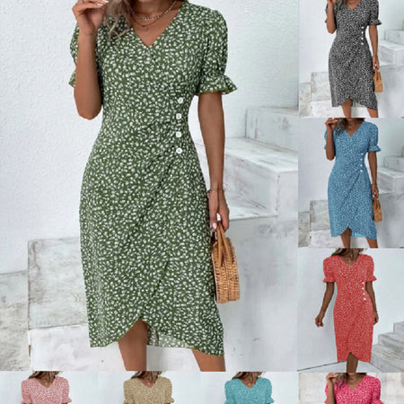 New Women's V-neck Floral Hem Irregular Pattern Print Dress - ANIBEY