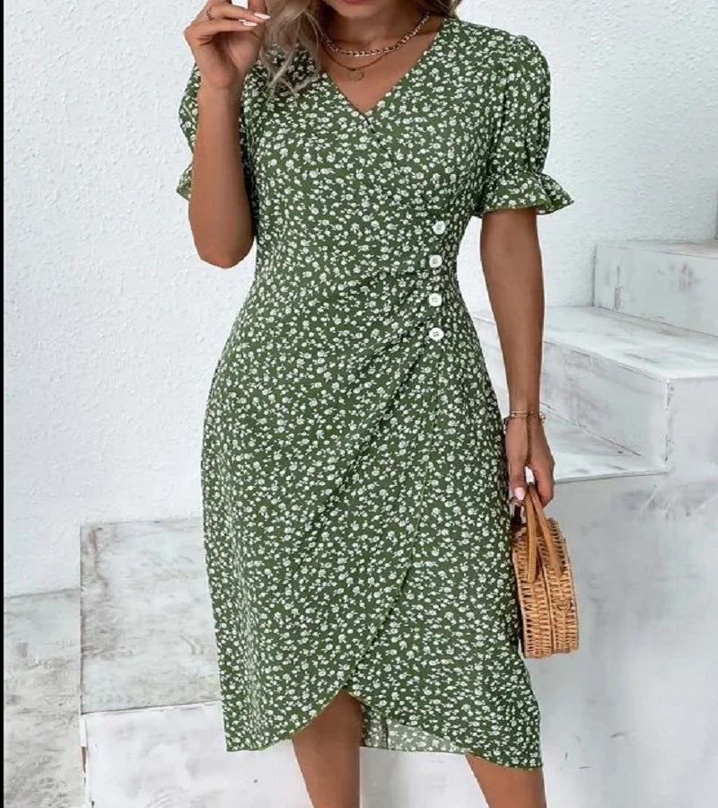 New Women's V-neck Floral Hem Irregular Pattern Print Dress - ANIBEY