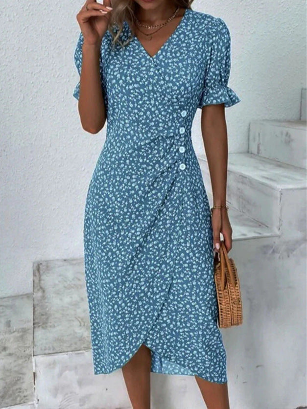 New Women's V-neck Floral Hem Irregular Pattern Print Dress - ANIBEY