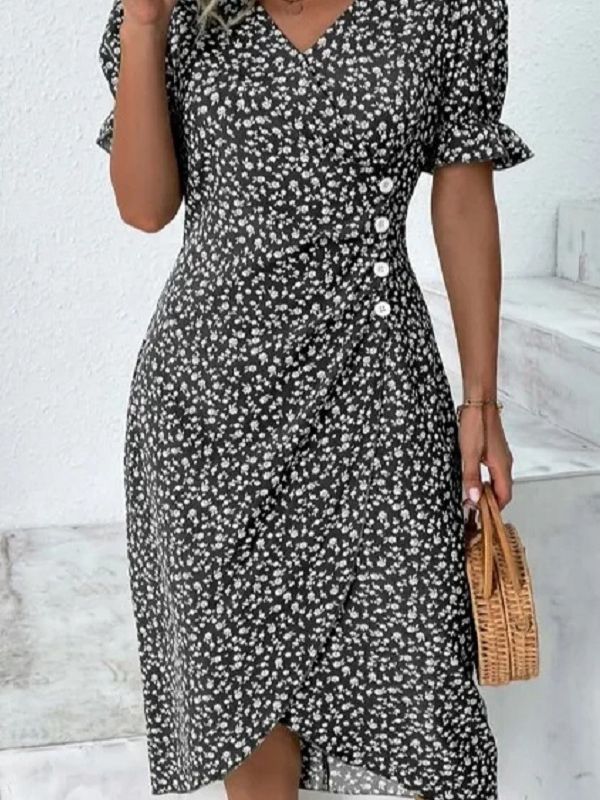 New Women's V-neck Floral Hem Irregular Pattern Print Dress - ANIBEY