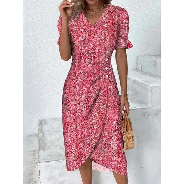 New Women's V-neck Floral Hem Irregular Pattern Print Dress - ANIBEY