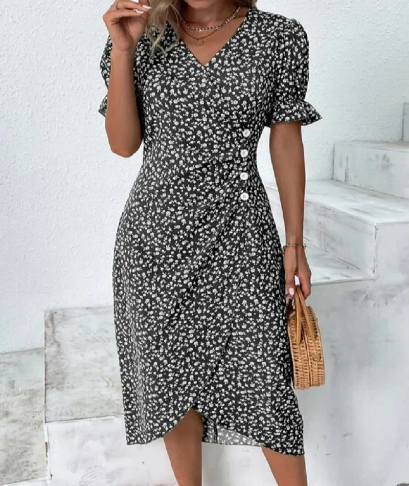 New Women's V-neck Floral Hem Irregular Pattern Print Dress - ANIBEY
