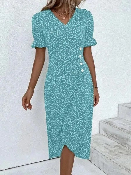 New Women's V-neck Floral Hem Irregular Pattern Print Dress - ANIBEY