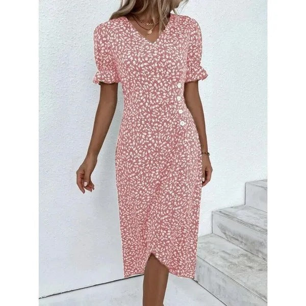 New Women's V-neck Floral Hem Irregular Pattern Print Dress - ANIBEY