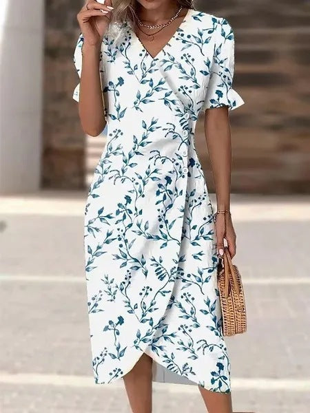 New Women's V-neck Floral Hem Irregular Pattern Print Dress - ANIBEY