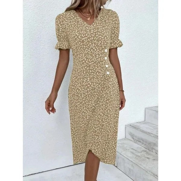 New Women's V-neck Floral Hem Irregular Pattern Print Dress - ANIBEY