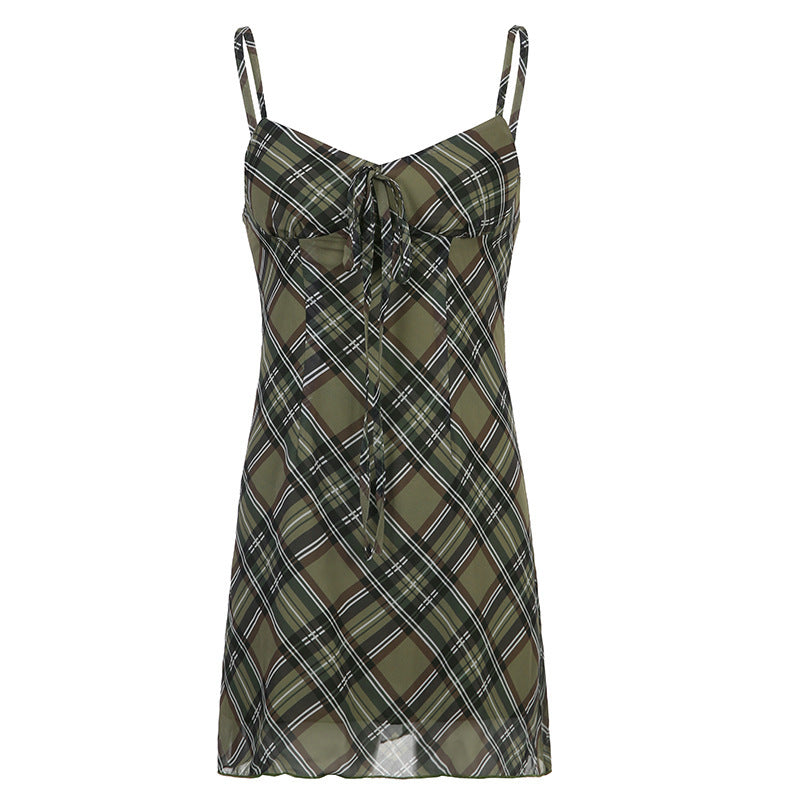 European And American Plaid Woven Sling A Line Dress - ANIBEY