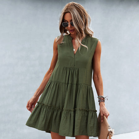 V-neck Sexy Solid Color Dress Summer Sleeveless Skirt - ANIBEY