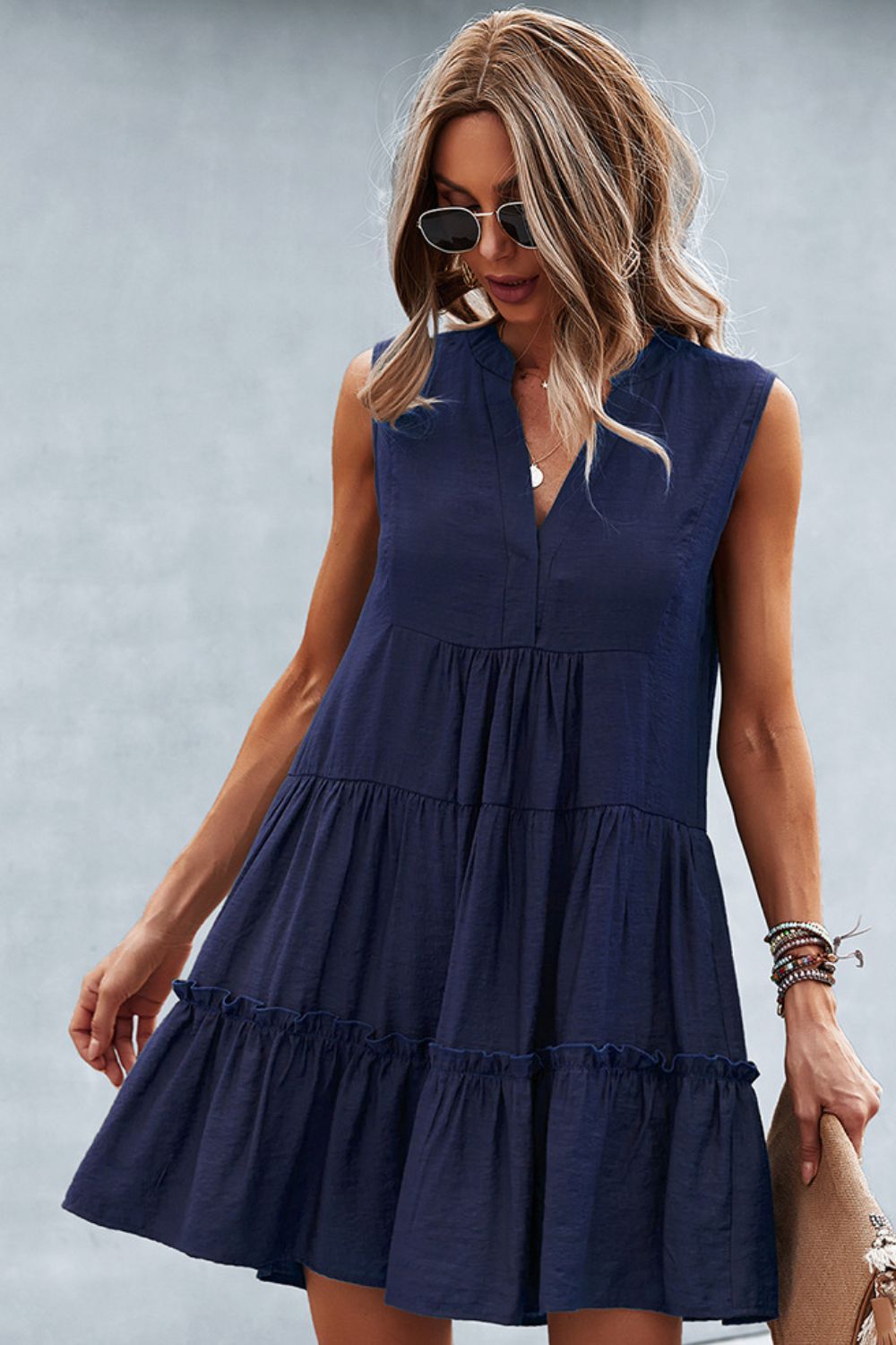 V-neck Sexy Solid Color Dress Summer Sleeveless Skirt - ANIBEY