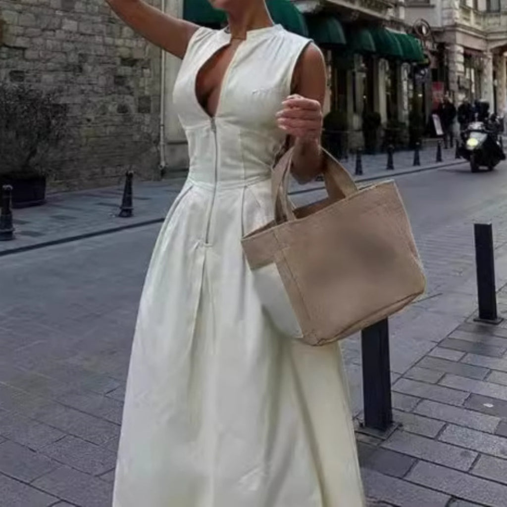 European And American Sleeveless V-neck Casual Waist Zipper Collar Dress - ANIBEY
