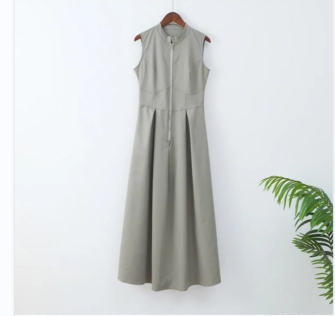 European And American Sleeveless V-neck Casual Waist Zipper Collar Dress - ANIBEY