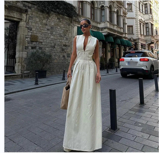European And American Sleeveless V-neck Casual Waist Zipper Collar Dress - ANIBEY